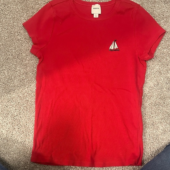 Maeve Tops - Maeve Ribbed Embroidered Sailboat Tee